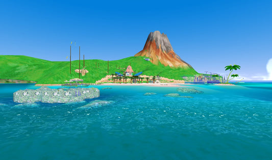 La plage de Gelato-les-Flots : mer turquoise, ponton et volcan verdoyant à l'horizon