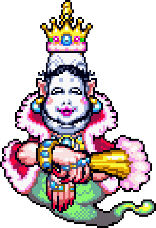 La Golden Diva dans Wario Land 4 : masque de porcelaine souriant, couronne, boucles d'oreilles, collier, bracelets, col de fourrure rose et éventail doré, le bas du corps en volute verte