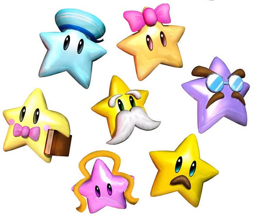 Les sept Esprits Étoile de Paper Mario, chacun reconnaissable à son accessoire : casquette de marin, nœud rose, lunettes, moustache blanche