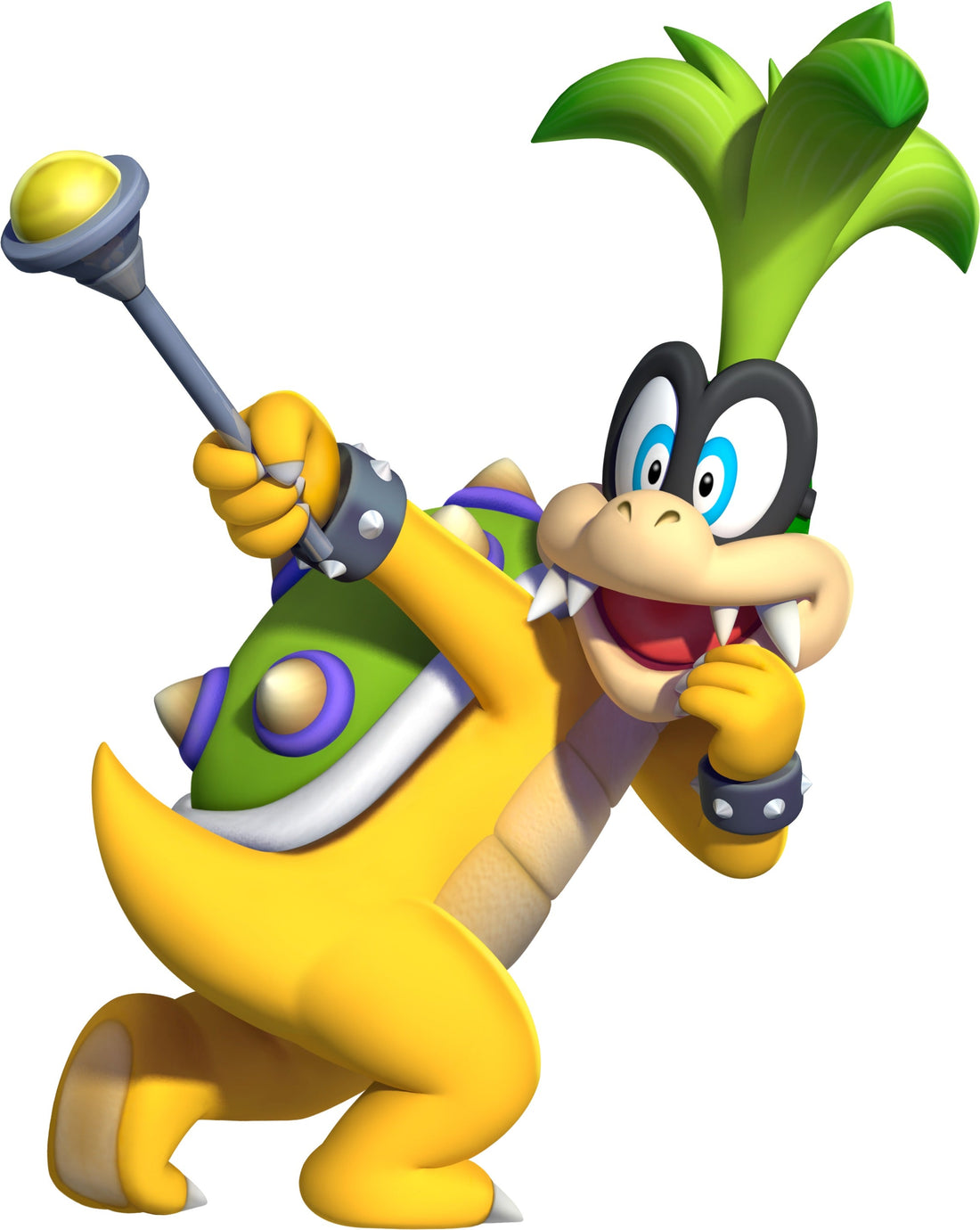 Iggy Koopa, lunettes rondes et crête verte hérissée, brandissant sa baguette