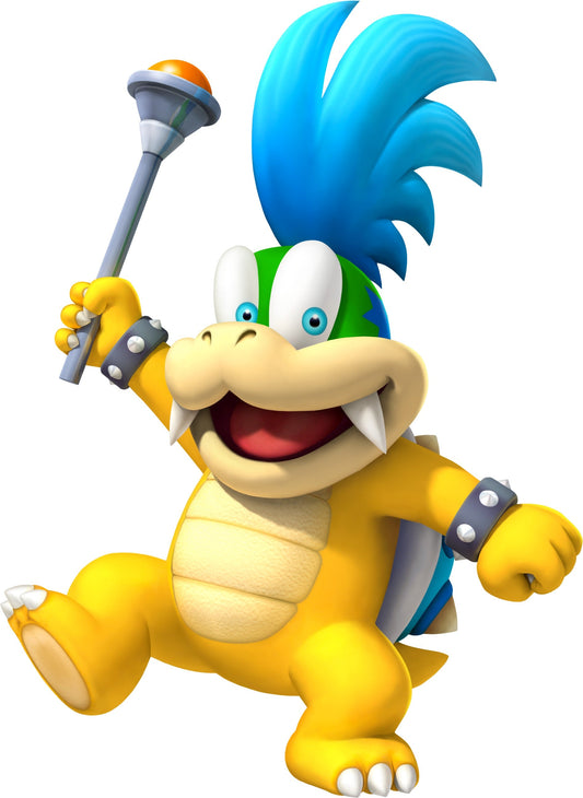 Larry Koopa, la crête bleue en pointes, sa baguette à la main