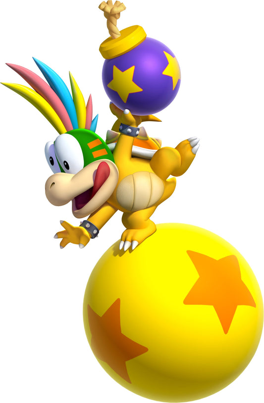 Lemmy Koopa en équilibre sur sa balle jaune étoilée, la crête multicolore