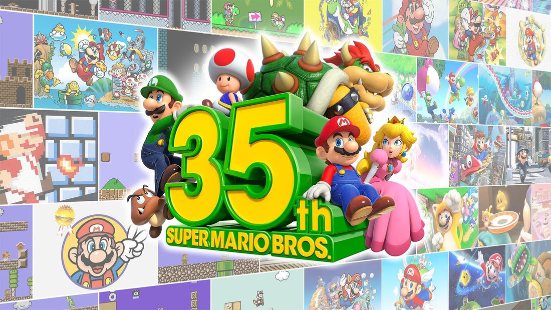 Visuel anniversaire des 35 ans de Super Mario Bros. : Mario, Luigi, Peach, Bowser et Toad devant une mosaïque de jeux de la saga
