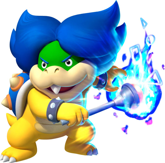 Ludwig von Koopa, la crête bleue dressée, lançant un sort avec sa baguette