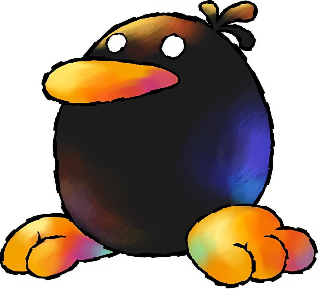Le Mainate Géant, gros oiseau noir tout rond avec un bec, une aigrette et des pattes orange, dans son illustration officielle aux crayons de couleur pour Super Mario World 2 : Yoshi's Island