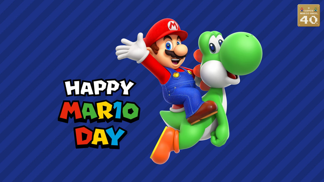Bannière officielle « Happy MAR10 Day » : Mario salue, juché sur le dos de Yoshi