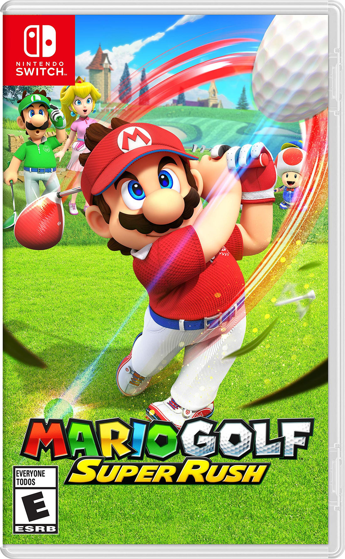 Jaquette Switch de Mario Golf: Super Rush : Mario achève son swing, la balle filant vers l'objectif