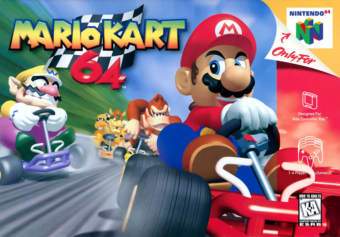 Jaquette Nintendo 64 de Mario Kart 64 : Mario au volant, poursuivi par Wario, Bowser et Donkey Kong