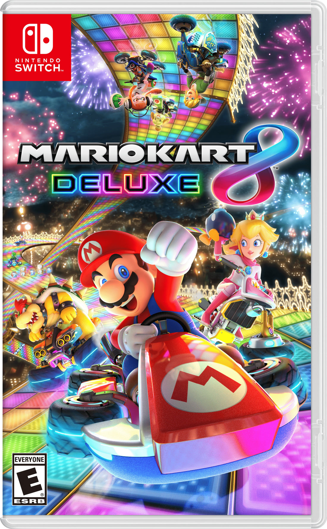 Jaquette Switch de Mario Kart 8 Deluxe : Mario en kart sur une portion de circuit antigravité