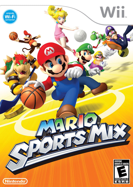 Jaquette Wii de Mario Sports Mix : Mario, ballon de basket en main, devant Peach, Luigi, Bowser, Waluigi et Donkey Kong