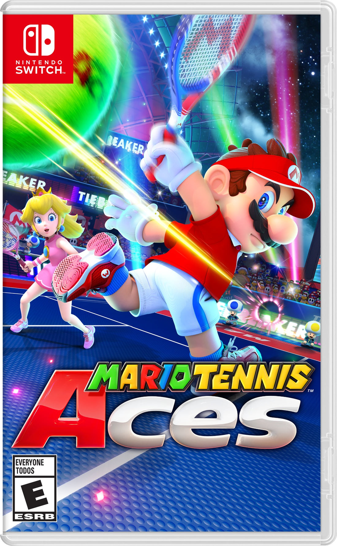 Jaquette Switch de Mario Tennis Aces : Mario frappe la balle raquette tendue, Peach en retrait