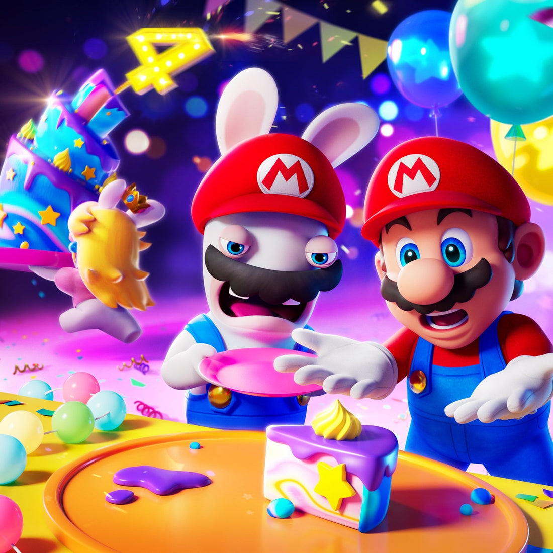 Mario et Rabbid Mario, main dans la main devant un gâteau d'anniversaire, dans un décor de fête