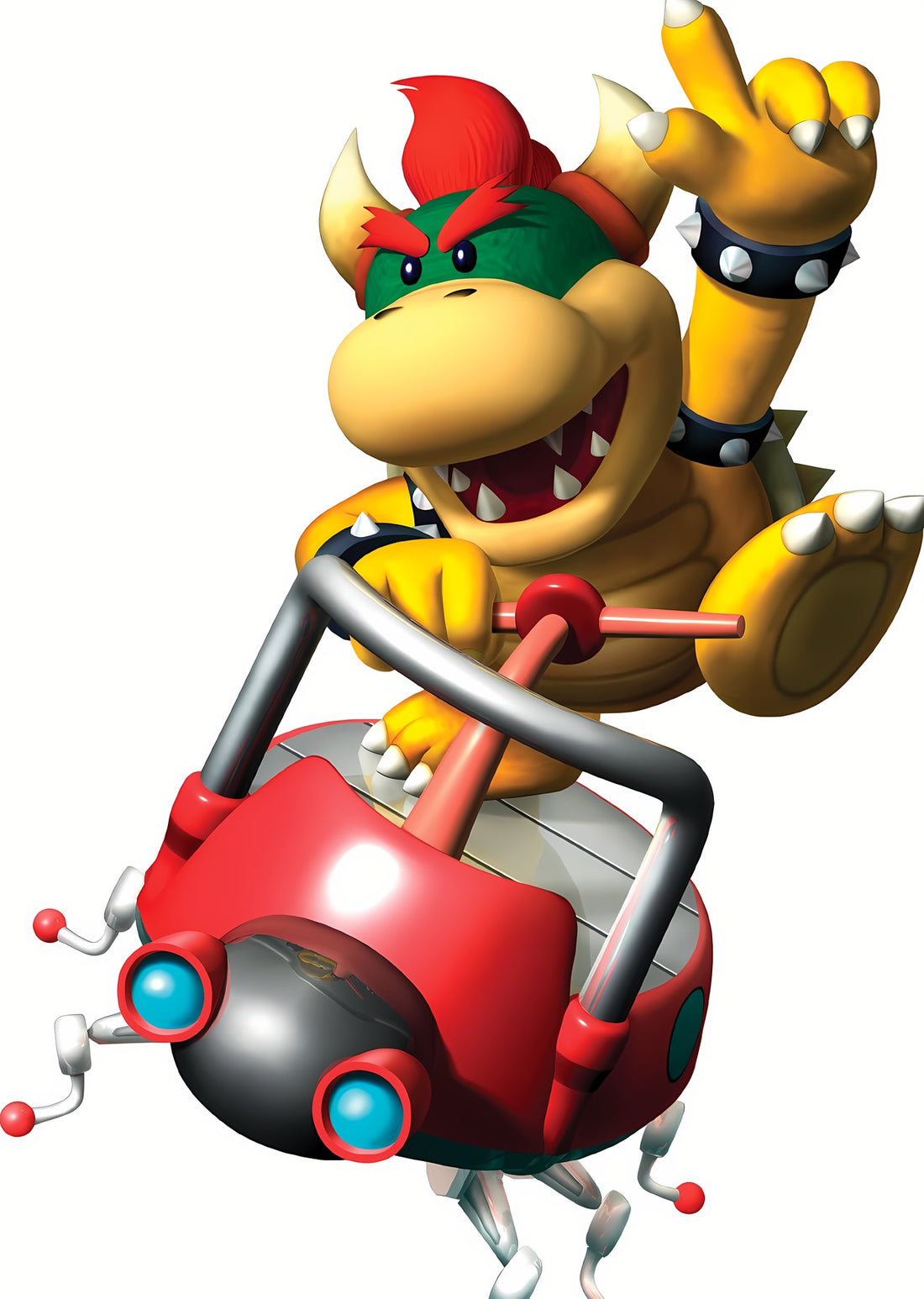 Mini-Bowser, l'index levé et la gueule grande ouverte, aux commandes d'un petit engin rouge monté sur des pattes mécaniques, illustration officielle de Mario Party 6