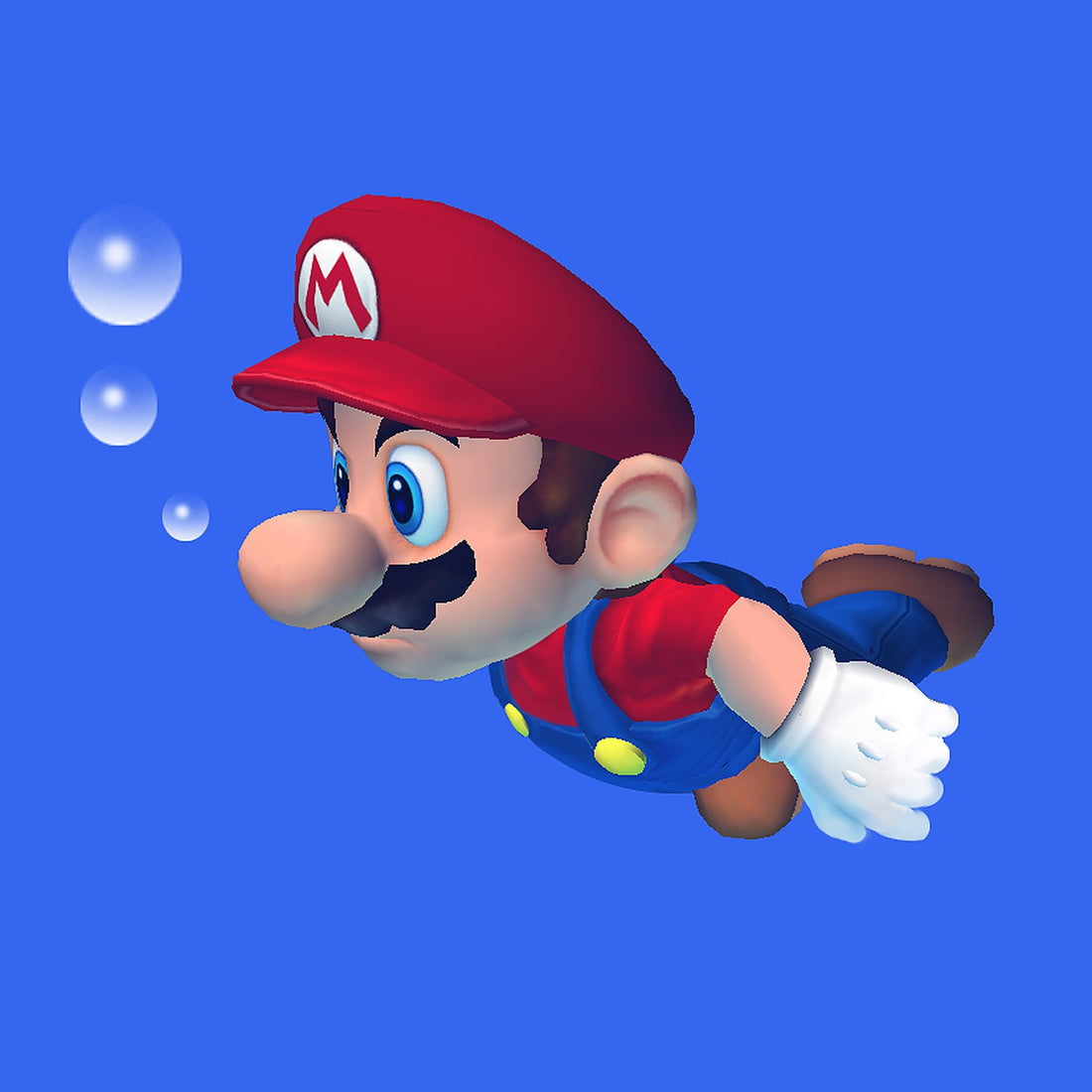 Mario en pleine nage, bras tendus devant lui, au milieu des bulles