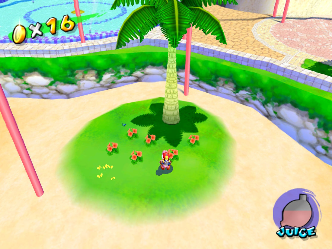 Le Parc Pinna : îlot de sable et palmier au bord d'un lagon, dans Super Mario Sunshine