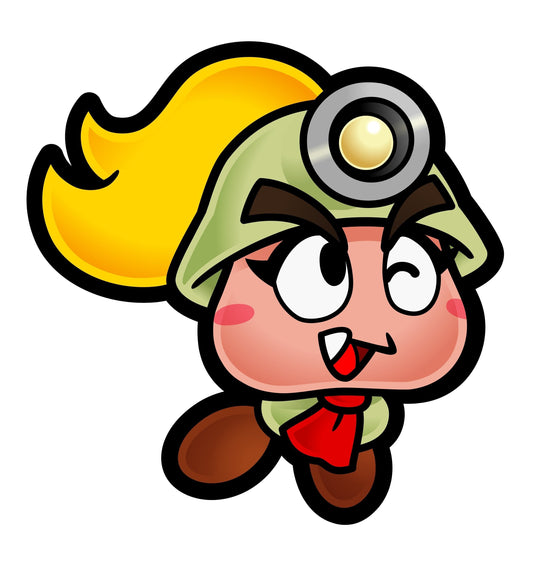Goombella, la partenaire Goomba de Paper Mario, coiffée de son casque d'archéologue
