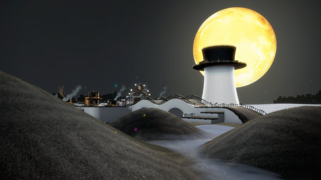 Le Pays des Chapeaux au clair de lune : un chapeau haut-de-forme géant dressé sur la colline brumeuse