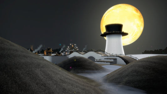Le Pays des Chapeaux au clair de lune : un chapeau haut-de-forme géant dressé sur la colline brumeuse