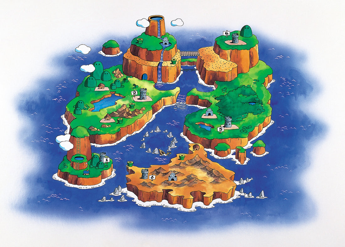 Carte du Pays des Dinosaures, l'archipel de Super Mario World vu du ciel