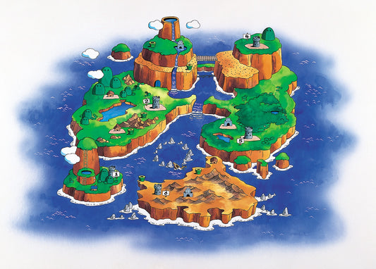 Carte du Pays des Dinosaures, l'archipel de Super Mario World vu du ciel