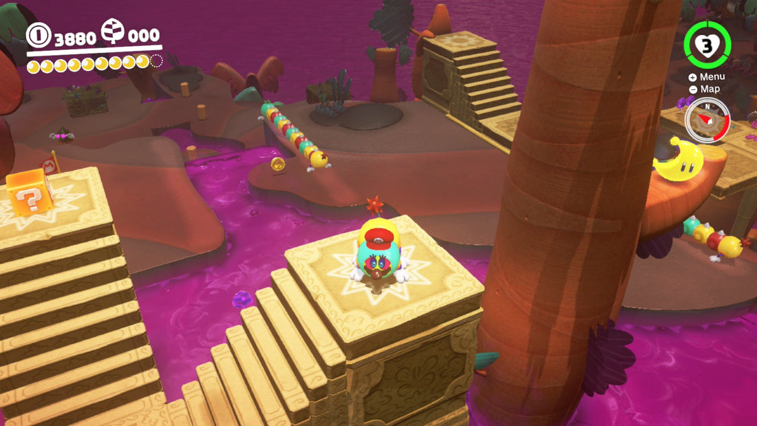 Mario dans le Pays Perdu, sautant entre des plateformes en escalier au-dessus d'une jungle violette