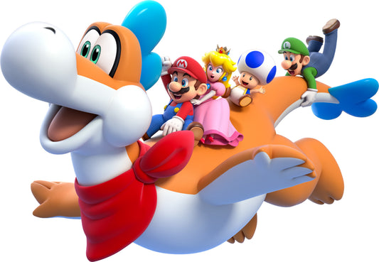 Plessie, créature aquatique orange et blanche, chevauchée par Mario, Peach, Toad et Luigi lancés sur l'eau