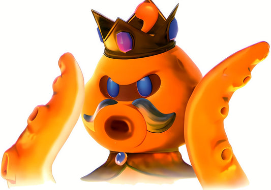 Poulpoboss, Octopus géant orange coiffé d'une couronne sertie de joyaux, avec sa moustache blanche, sa bouche en tuyère, sa petite cape rouge et ses tentacules dressés