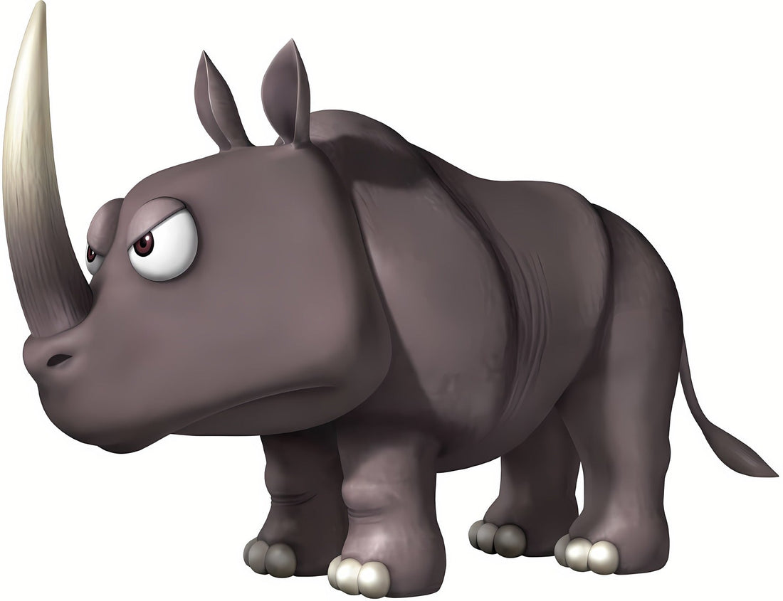 Rambi, rhinocéros gris à la longue corne blanche, vu de profil