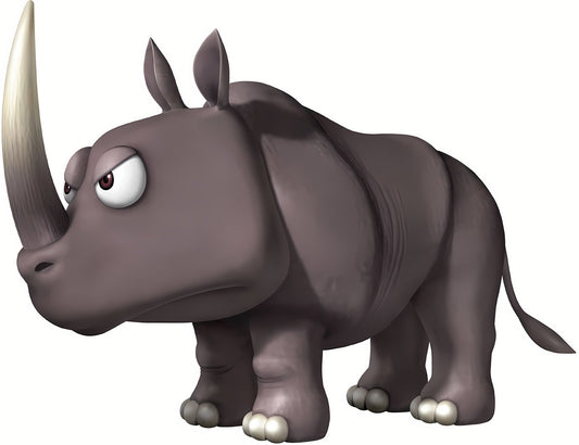 Rambi, rhinocéros gris à la longue corne blanche, vu de profil