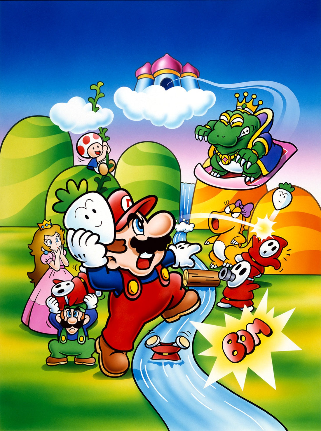 Illustration de Super Mario Bros. 2 : Mario et ses compagnons face aux habitants du monde onirique de Subcon