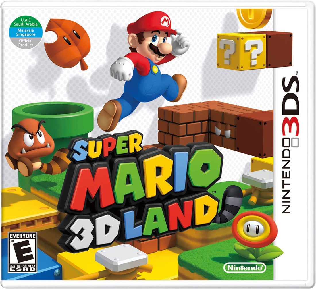 Jaquette 3DS de Super Mario 3D Land : Mario bondit entre blocs interrogation, briques et tuyaux verts