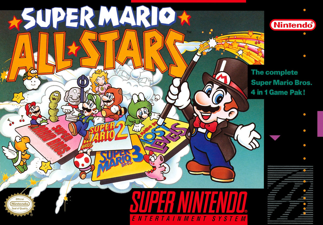 Jaquette Super Nintendo de Super Mario All-Stars : Mario surgit devant les quatre jeux réunis dans la compilation