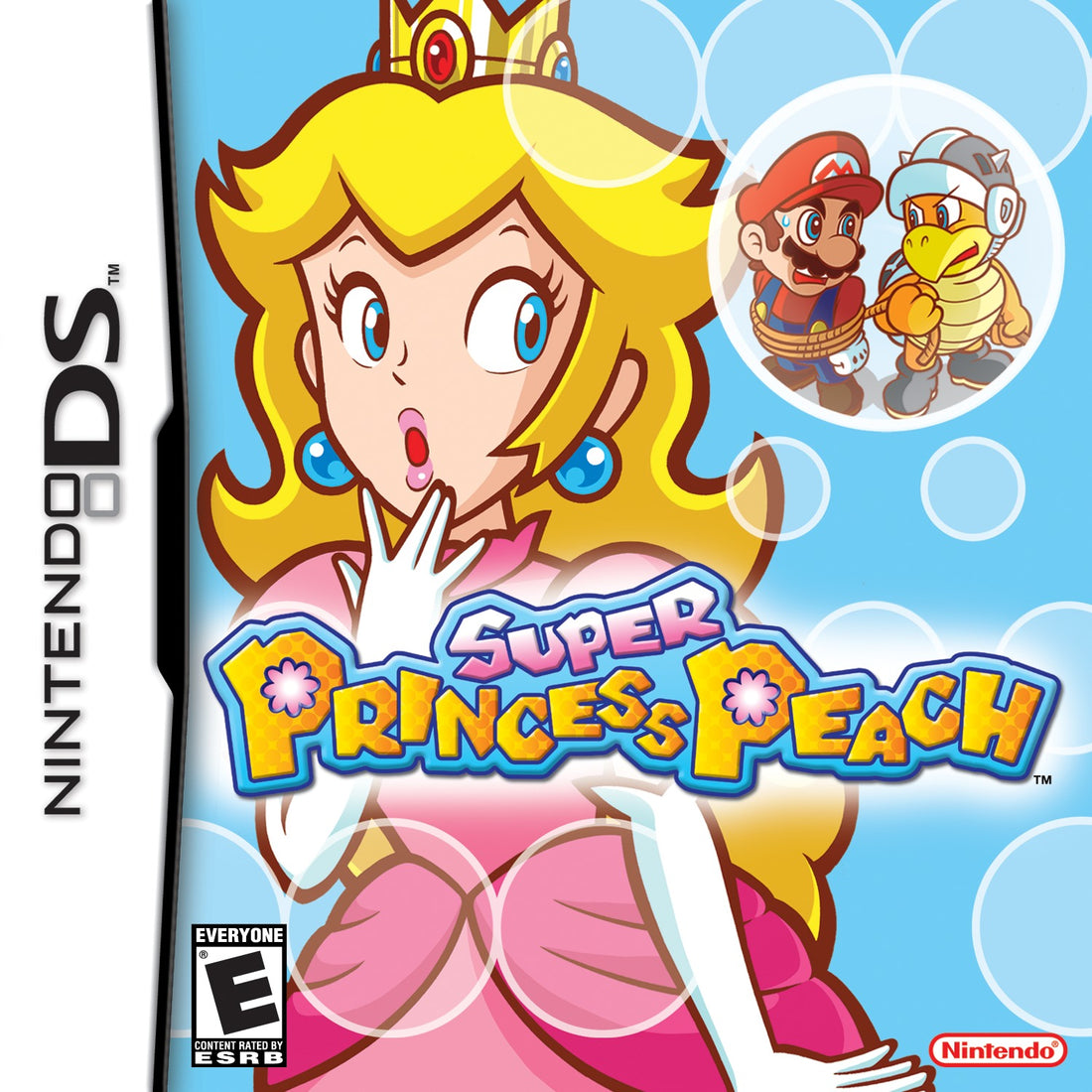 Jaquette DS de Super Princess Peach : Peach effarée, l'ombrelle Perry et Mario captif en médaillon