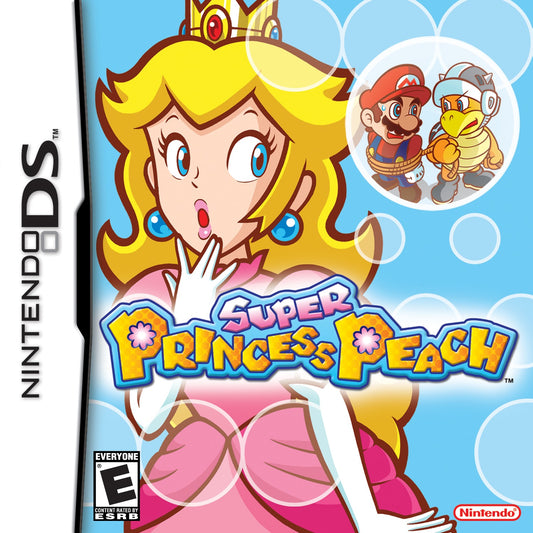 Jaquette DS de Super Princess Peach : Peach effarée, l'ombrelle Perry et Mario captif en médaillon