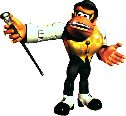 Swanky Kong en gilet doré à carreaux, canne à la main, dans sa pose de bonimenteur