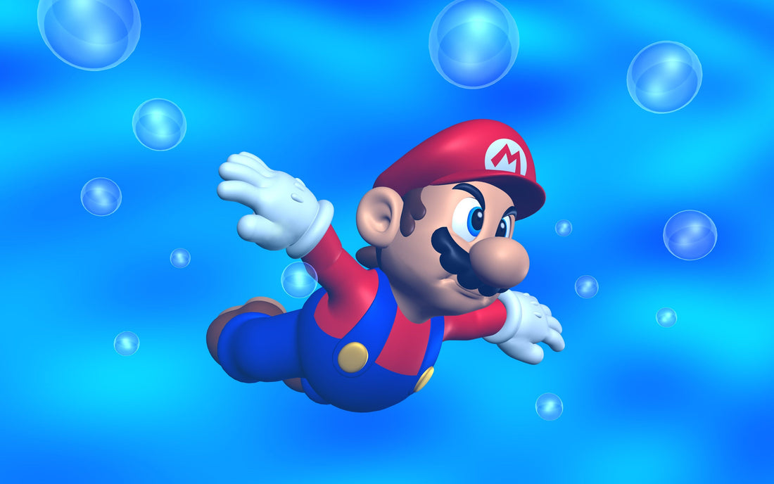 Mario nage sous l'eau, bras tendus, entouré de bulles dans une eau d'un bleu profond