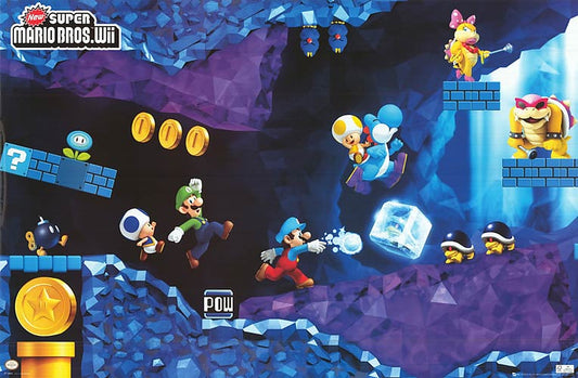 Niveau souterrain de New Super Mario Bros. Wii : quatre joueurs progressent entre blocs de glace et briques