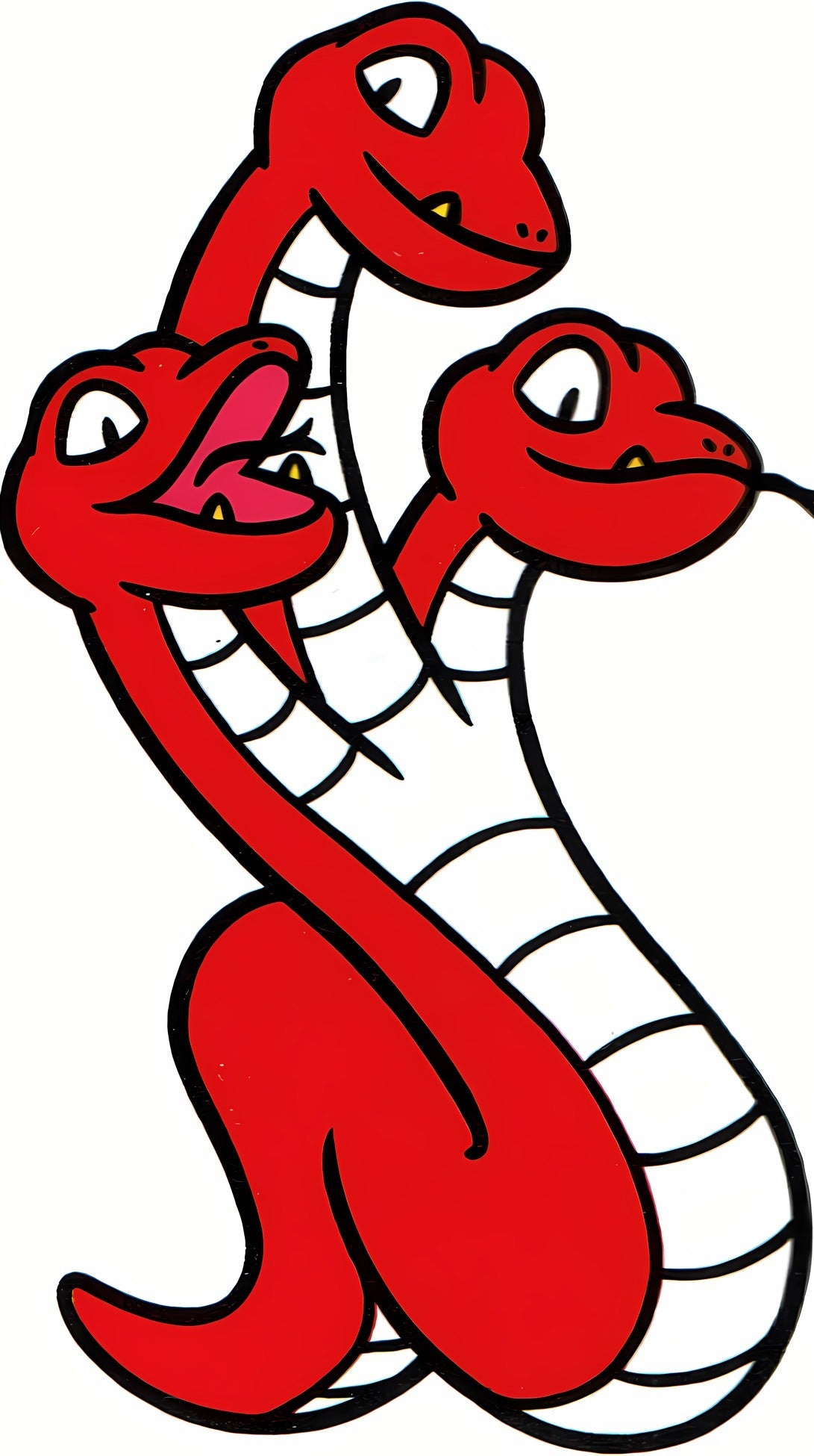 Tryclyde, serpent rouge à trois têtes au ventre blanc, dressé sur sa queue enroulée, l'une de ses têtes la gueule ouverte