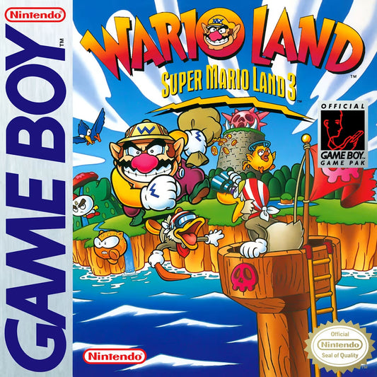 Jaquette Game Boy de Wario Land: Super Mario Land 3 : Wario sur une barque, lorgnant un trésor gardé par ses ennemis