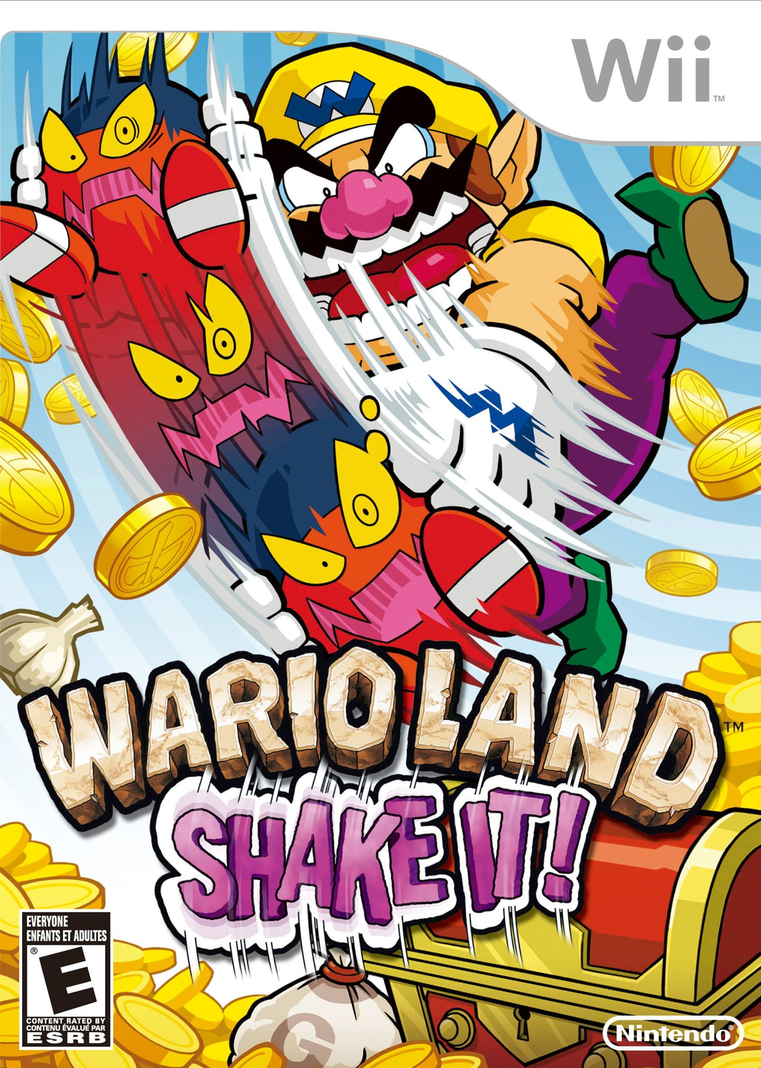 Jaquette Wii de Wario Land: The Shake Dimension : Wario fonce dans une pluie de pièces d'or face à un monstre rouge