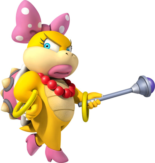 Wendy O. Koopa, nœud rose à pois et collier de perles, baguette tendue