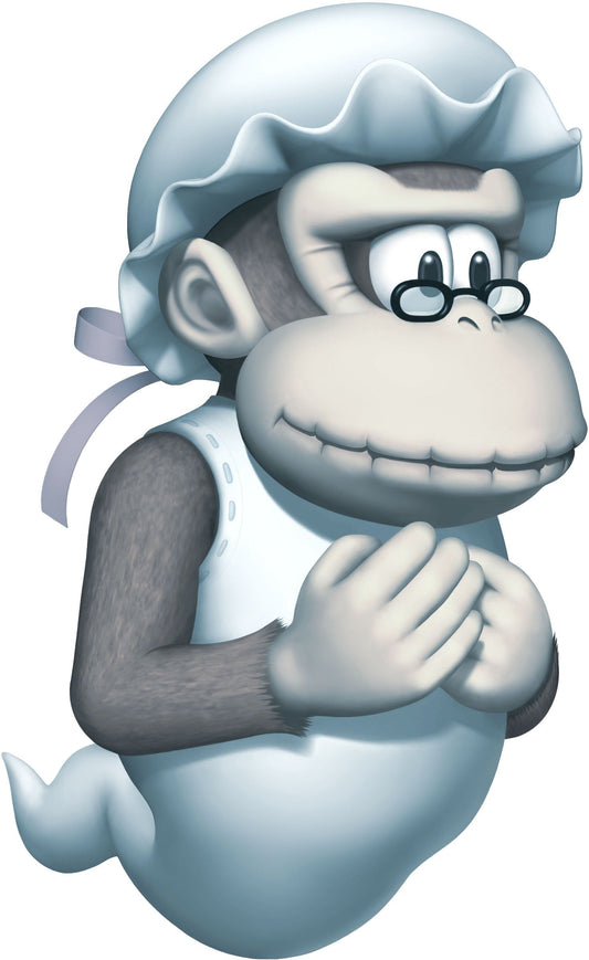 Wrinkly Kong, vieille guenon à bonnet de nuit et lunettes, en apparition spectrale