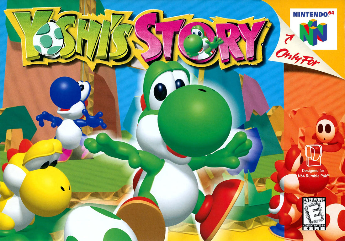 Jaquette Nintendo 64 de Yoshi's Story : un Yoshi vert entouré d'un Yoshi bleu et d'un Yoshi jaune dans un décor de livre d'images