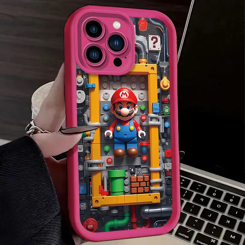 Coque iPhone Mario - Mario dans la Machinerie de Briques Contour Rose