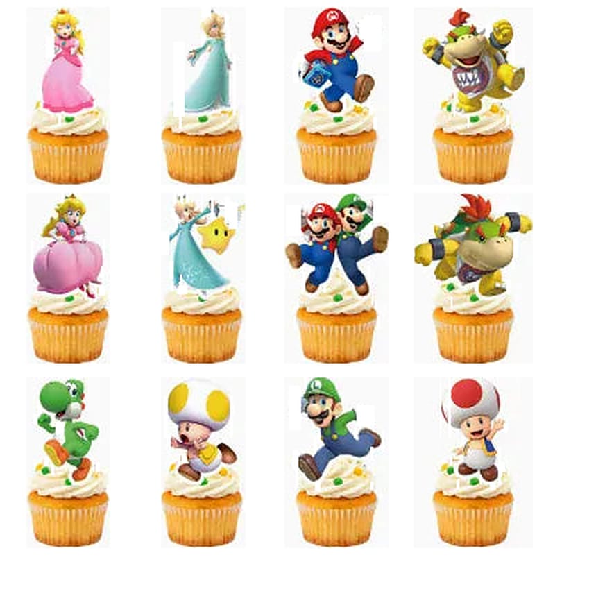 Décoration Anniversaire Mario - 24 Toppers à Cupcakes