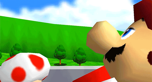 Mario retrouve Peach et Toad devant le château, en graphismes Nintendo 64