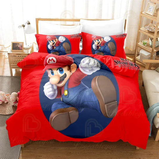 Housse de Couette Mario - Mario en Grand sur Fond Rouge