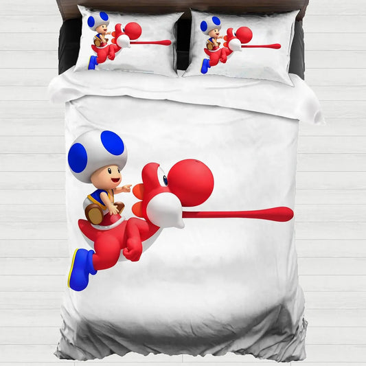 Housse de Couette Mario - Toad et Yoshi Rouge